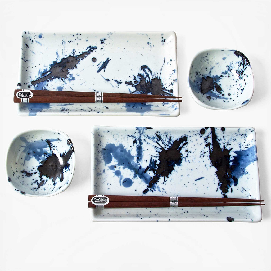 Blue Sumi Sushi Set J2782 includes two 8.75" x 5" rectangular plates, two 3.75" sauce dishes and two pairs of chopsticks.