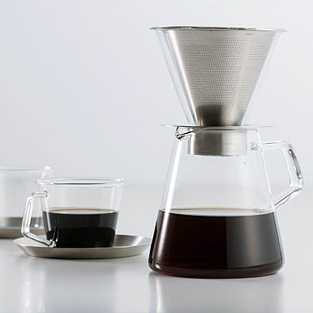 KInto Carat Coffee Dripper and Pot. SKU 21678; UPC 4963264478885. There are two white dots on the pot, and they are the reference for 300 ml and 600 ml of dripped coffee. 