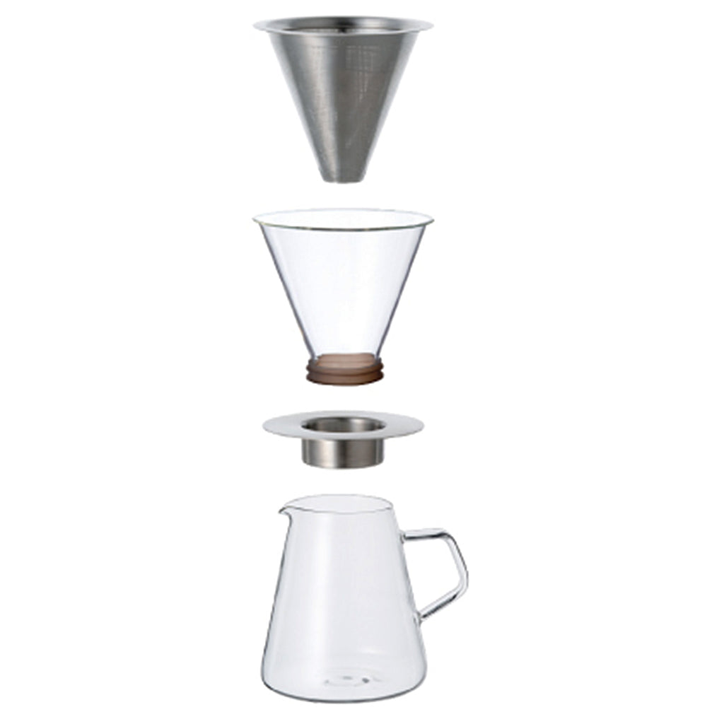 Kinto Carat Coffee Dripper and Pot. The sharp design brings out the beauty of material themselves. The elegant design combines two materials, stainless steel and glass. The glass coffee dripper comes with a sustainable stainless-steel filter that brews aromatic coffee. SKU 21678; UPC 4963264478885.