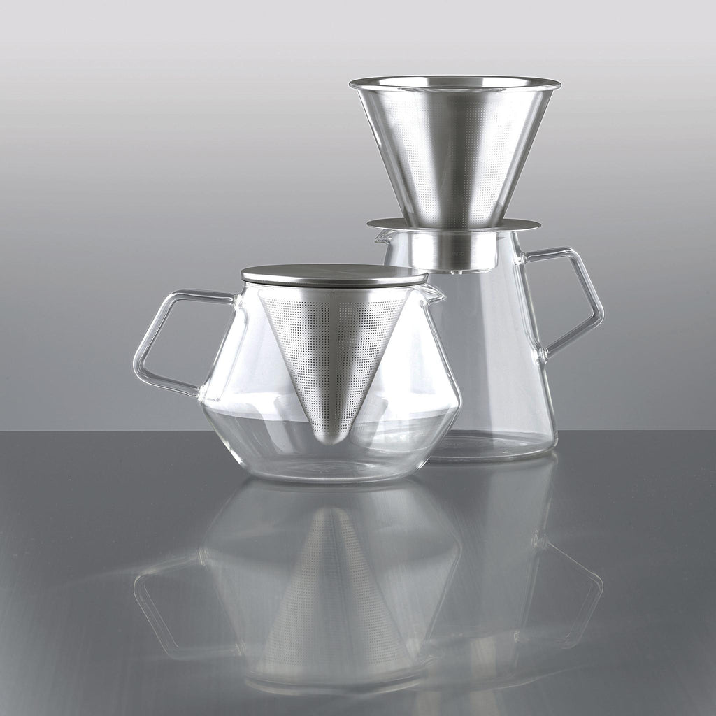 Kinto Carat Tea and Coffee Collection. CARAT teapot 850ml. 21681 UPC 4963264477338. Carat Coffee Dripper and Pot. SKU 21678. UPC 4963264478885. The combination of stainless steel and glass is designed to glitter just like a jewel. 