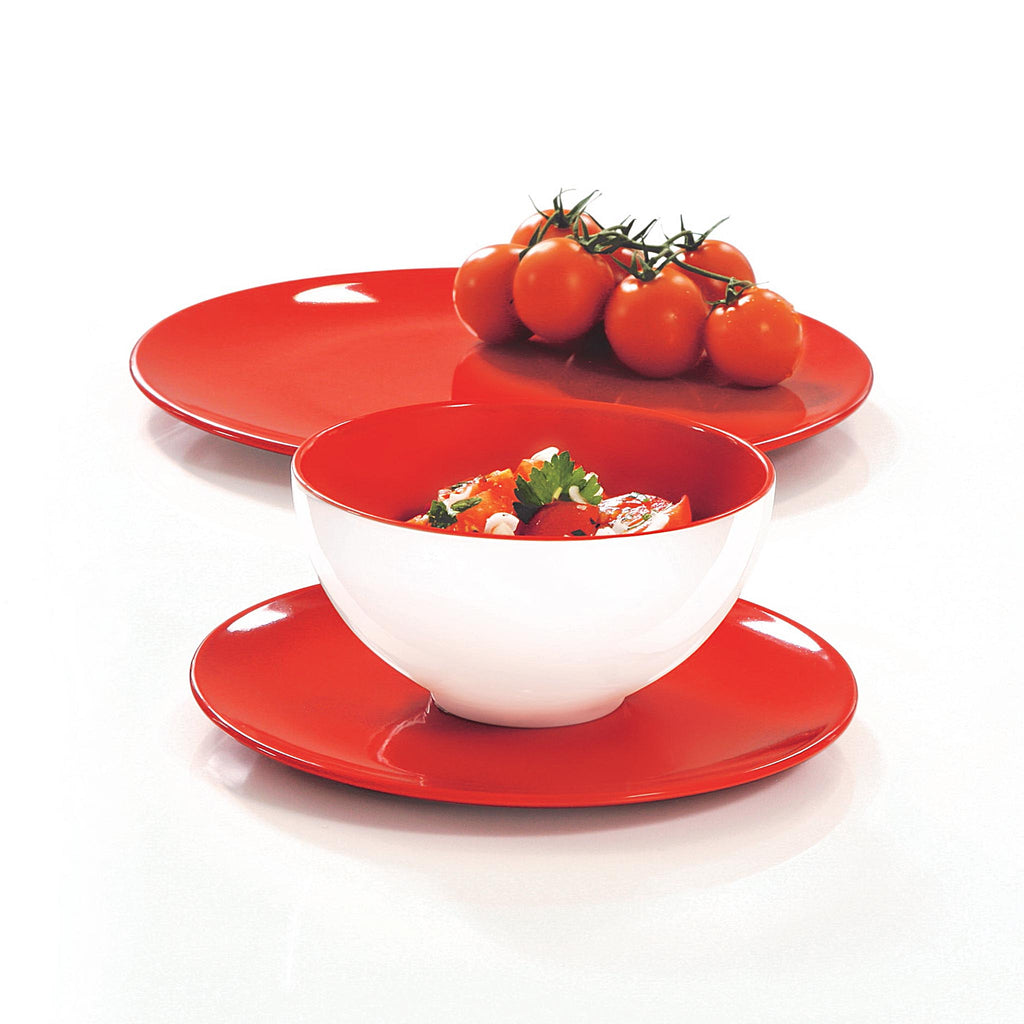 ASA Selection Colour It porcelain dinner plate, side plate and cereal / soup bowl in red.
