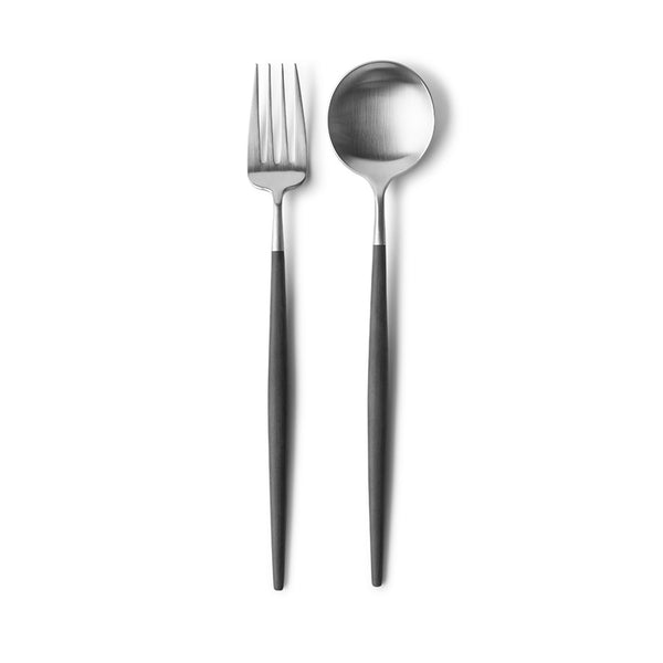GOA SERVING FORK Ref: GO.17 | 42.7 g  |  (26.5cm); GOA SERVING SPOON Ref: GO.14 | 57.5 g  |  (26.5cm). UPC 5609881940501. UPC 5609881940600. The perfect symbiosis of West and East in ergonomic and delicate pieces that inspire unique gestures.