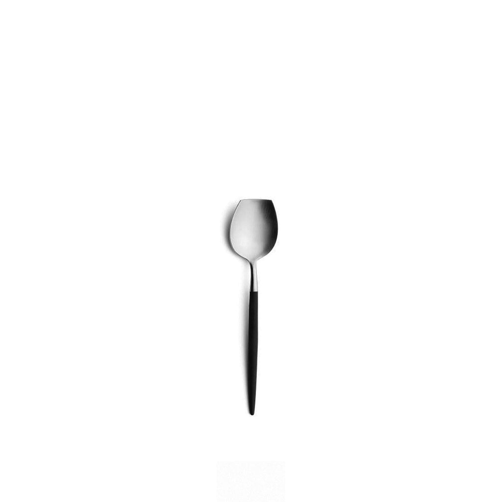 CUTIPOL GOA SUGAR SPOON / SPADE. SKU GO.15. UPC 5609881941508. Weight 12.2 g (Length 13.3cm). Material: matte brushed stainless steel 18/10 and resin handle. Goa Black cutlery is the perfect symbiosis of West and East in ergonomic and delicate pieces that inspire unique gestures.