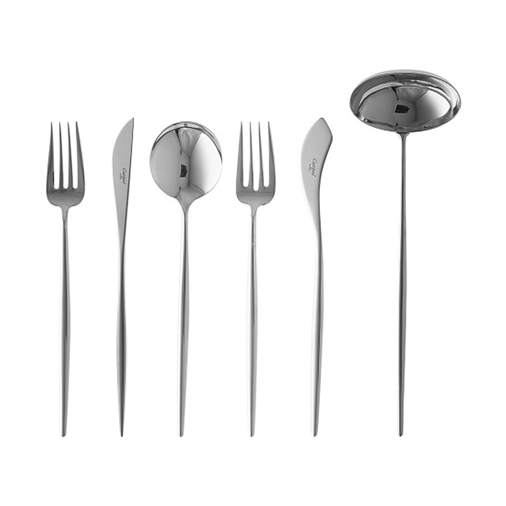 Cutipol Moon Polished cutlery: dessert fork; dessert knife; dessert spoon; fish fork; fish knife; soup ladle.