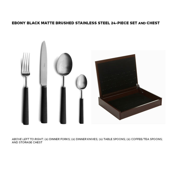 EBONY MATTE BRUSHED 24-piece cutlery set and chest: 6 TABLE KNIVES;  6 TABLE FORKS; 6 TABLE SPOONS;  6 TEA SPOONS; AND STORAGE CHEST.