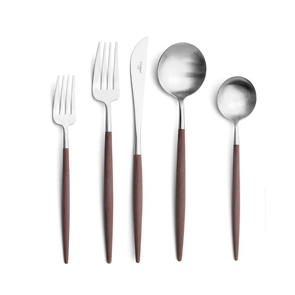 CUTIPOL GOA BROWN MATTE BRUSHED 5-piece place setting. 1 DINNER KNIFE  1 DINNER FORK  1 TABLE SPOON  1 DESSERT FORK  1 DESSERT SPOON.