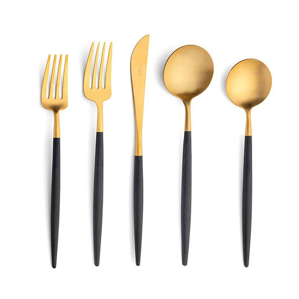 GOA GOLD BLACK MATTE BRUSHED GOLD PLATED dessert fork, table fork; table knife; table spoon; dessert spoon GO.5GB