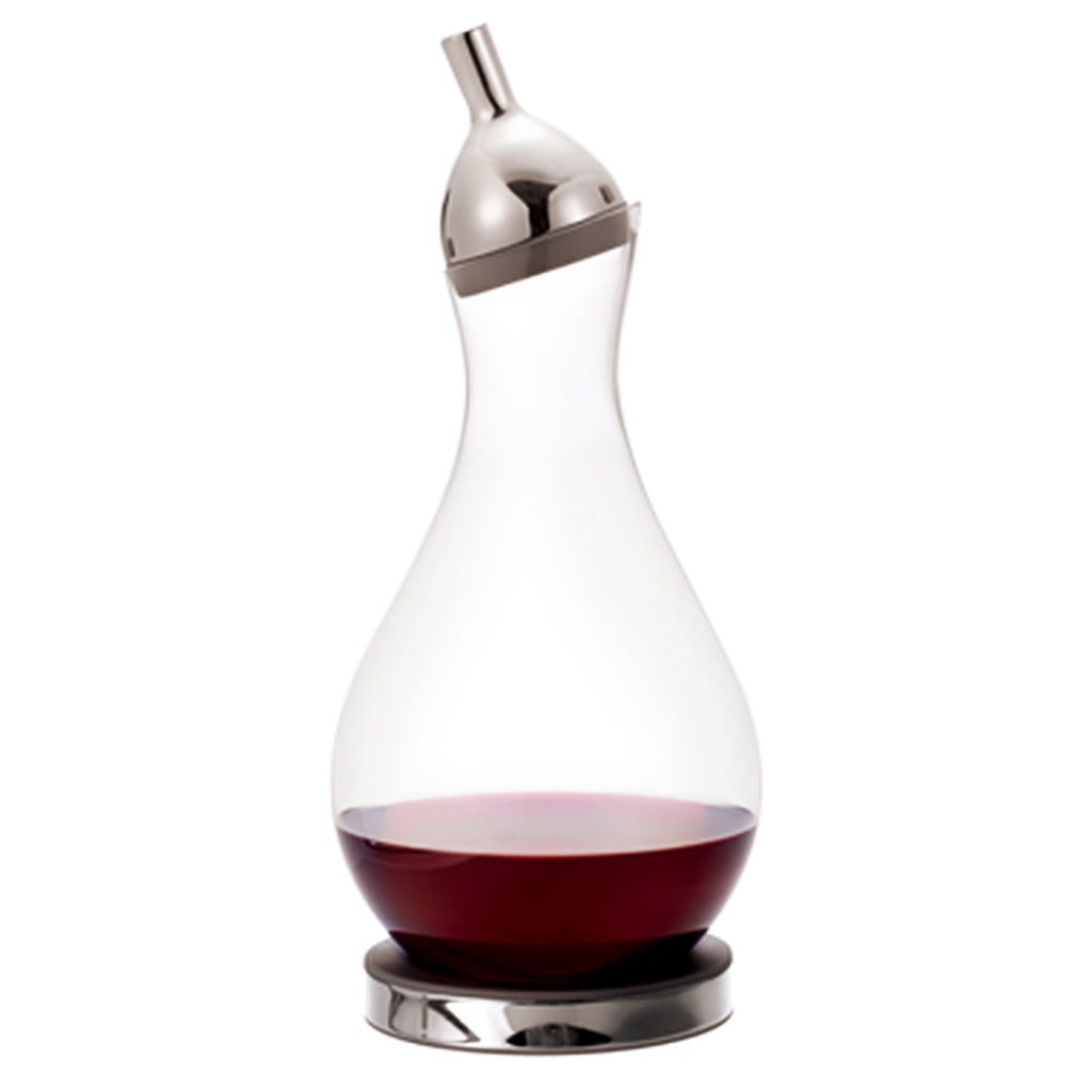 Hulu Wine Decanter by JIA INC. SKU: JHL530. The wine decanter takes the organic form of the HULU (gourd), enlivening the dining experience. When in use, wider round body allows enough room for aeration. Stainless steel filter can separate wine sediment and aerate the wine to fully develop its aroma and taste. Base holder is used to secure decanter and to adjust the position of the decanter to optimize the exposure to air.
