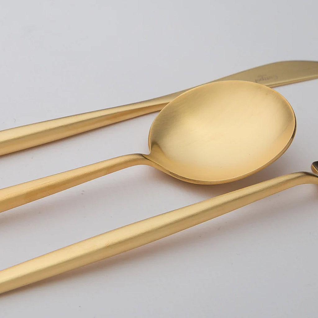 Cutipol Moon Matte Brushed 24k Gold-Plated spoon. The round and filiform lines fix our eyes and give comfort to the hand.