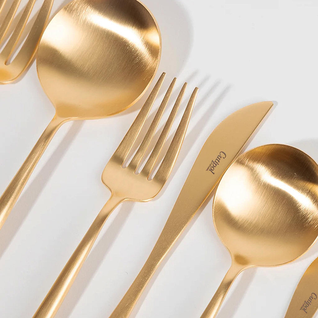 Cutipol Moon Matte Brushed 24k Gold-Plated cutlery. Material: stainless steel 18/10.  Finish: matte brushed.  Coating: gold plated 24k.