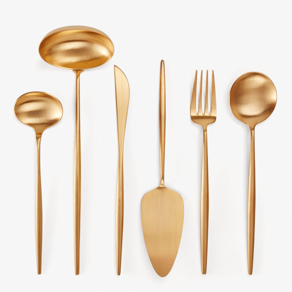 Cutipol Moon Matte Brushed 24k Gold-Plated Sauce Ladle, Soup Ladle, Carving Knife, Pastry Serving Knife, Serving Fork and Serving Spoon. Consensually considered as one of the best cutlery brands in the world, Cutipol flatware is the choice of many of the mostdistinguished restaurants, hotels all over the world for it’s quality, sophistication and innovative spirit.