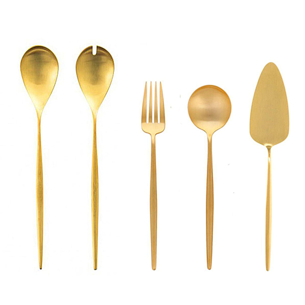 Cutipol Moon Matte Brushed 24k Gold-Plated Salad Set, Serving Fork and Spoon, and Pastry Serving Knife. The round and filiform lines fix our eyes and give comfort to the hand.  Consensually considered as one of the best cutlery brands in the world, Cutipol flatware is the choice of many of the mostdistinguished restaurants, hotels all over the world for it’s quality, sophistication and innovative spirit.