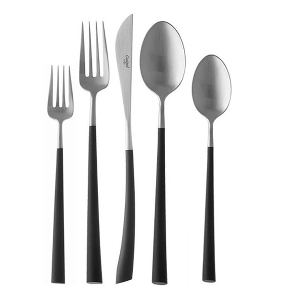 Cutipol Noor Black Mate Brushed 5-piece place setting. SKU NO.5. 1 DINNER KNIFE  1 DINNER FORK  1 TABLE SPOON  1 DESSERT FORK  1 DESSERT SPOON