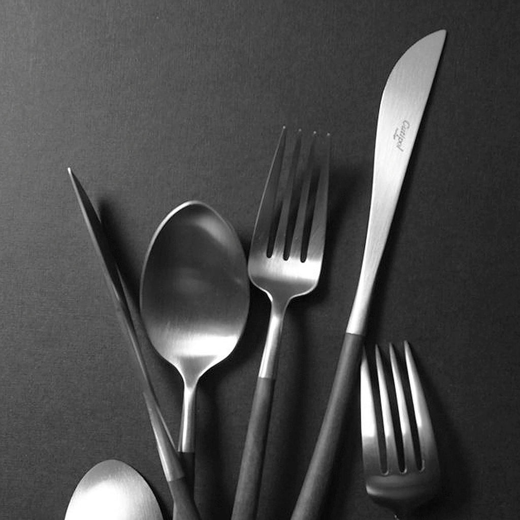 Cutipol Noor Black Matte Brushed Flatware Cutlery Collection from Abode New York.