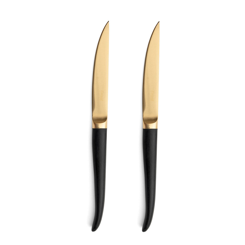 The RIB knife contains the perfection for cutting the tallest, most succulent, and tasty meats. Sold in a case with two knives, a fantastic gift suggestion. Matte brushed Gold Plate steak knives set. RIB.2GB. UPC 5609881688595