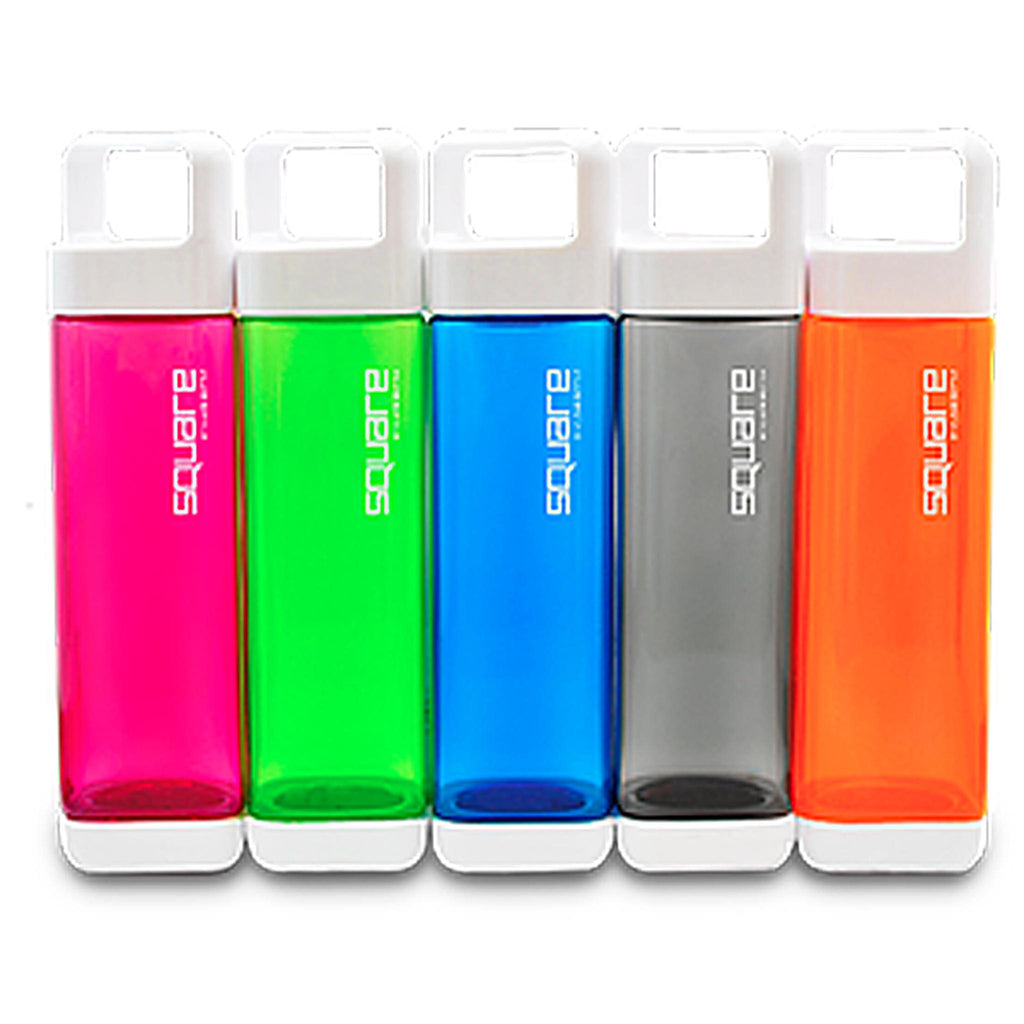 The Square Water Bottle by Clean Hydration Company. The Square's wide-handled top and bottom caps unlock with a quick quarter-turn for easy sipping and thorough cleaning. 