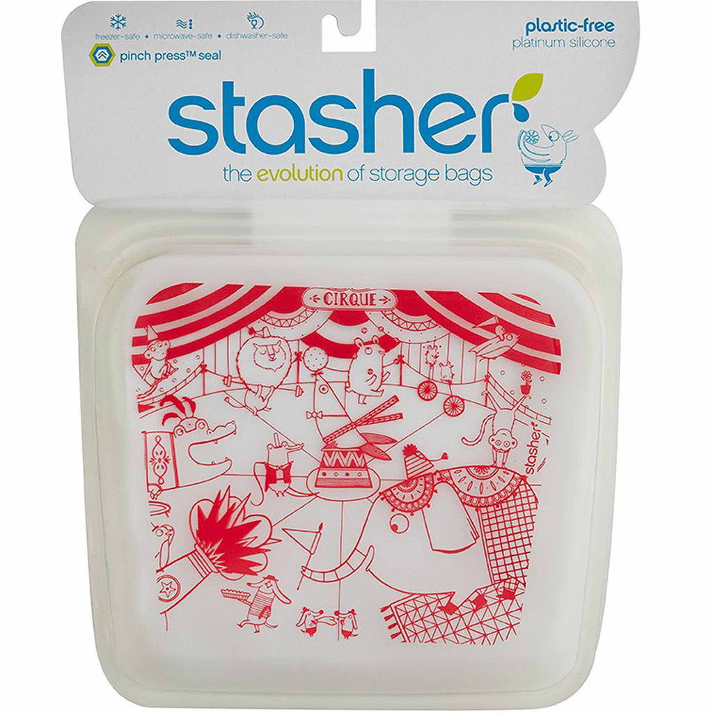 Stasher Circus Sandwich Bag. Illustration by Christine Pym. SKU STSBCR. UPC 816990012622. Use stasher for traveling, school lunches, baby and kids' snacks, cellphones, makeup and more.