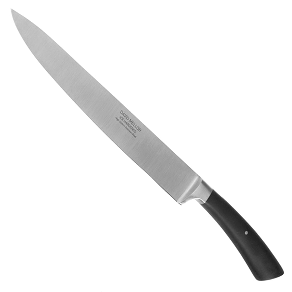 David Mellor black handle carving knife 22.5cm. PRODUCT CODE 2511018. Length: 35.2cm Width: 2.9cm Material: Martensitic steel, acetal resin.