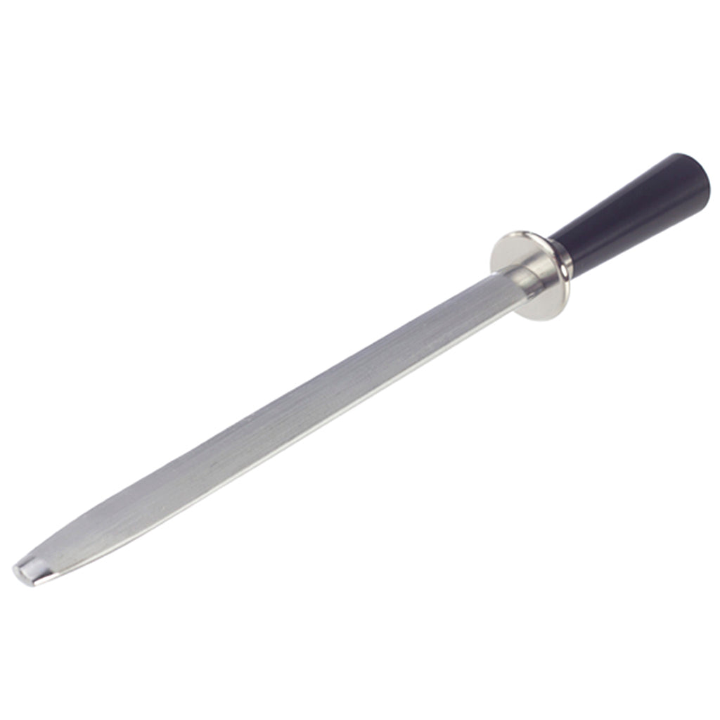 David Mellor black handle sharpening steel 37cm by Corin Mellor. PRODUCT CODE 2511160. Length: 36.3cm Width: 3.5cm Material: Martensitic steel, acetal resin.
