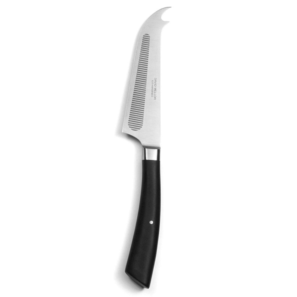 David Mellor black handle cheese knife 13.5cm. PRODUCT CODE 2511185. Length: 25.8cm Width: 3.5cm Material: Martensitic steel, acetal resin.