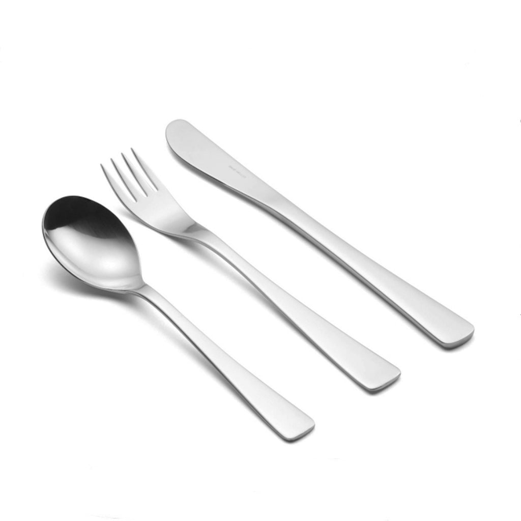 David Mellor Cutlery Café five-piece cutlery place setting. 1 table knife 1 dessert knife 1 table fork 1 dessert fork 1 dessert spoon. PRODUCT CODE 4992414. Material: Stainless steel Dishwasher safe: Yes. Satin finish. Knife blades are made from high carbon stainless steel for a superior cutting edge.