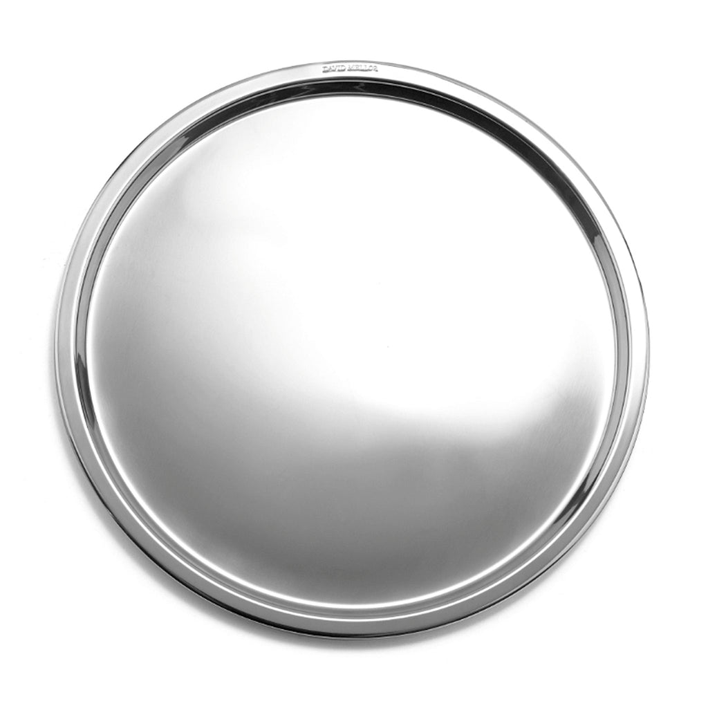 David Mellor stainless steel round tray with mat. SKU 4802310. Designed by Corin Mellor, our award-winning stainless steel tableware range has an unmistakably purist design quality. It began with the cafetières but has recently been expanded to become a comprehensive tableware collection, including tea pots, cafetières, sugar pots, creamers, toast racks and trays.