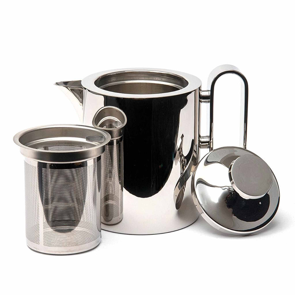 David Mellor stainless steel teapot 1lt, stainless handle. SKU 4802030. The range is an extension of his existing superb cafetière design, to include a matching teapot, cream jug and sugar pot with lid. Each item is flawlessly manufactured and highly polished.