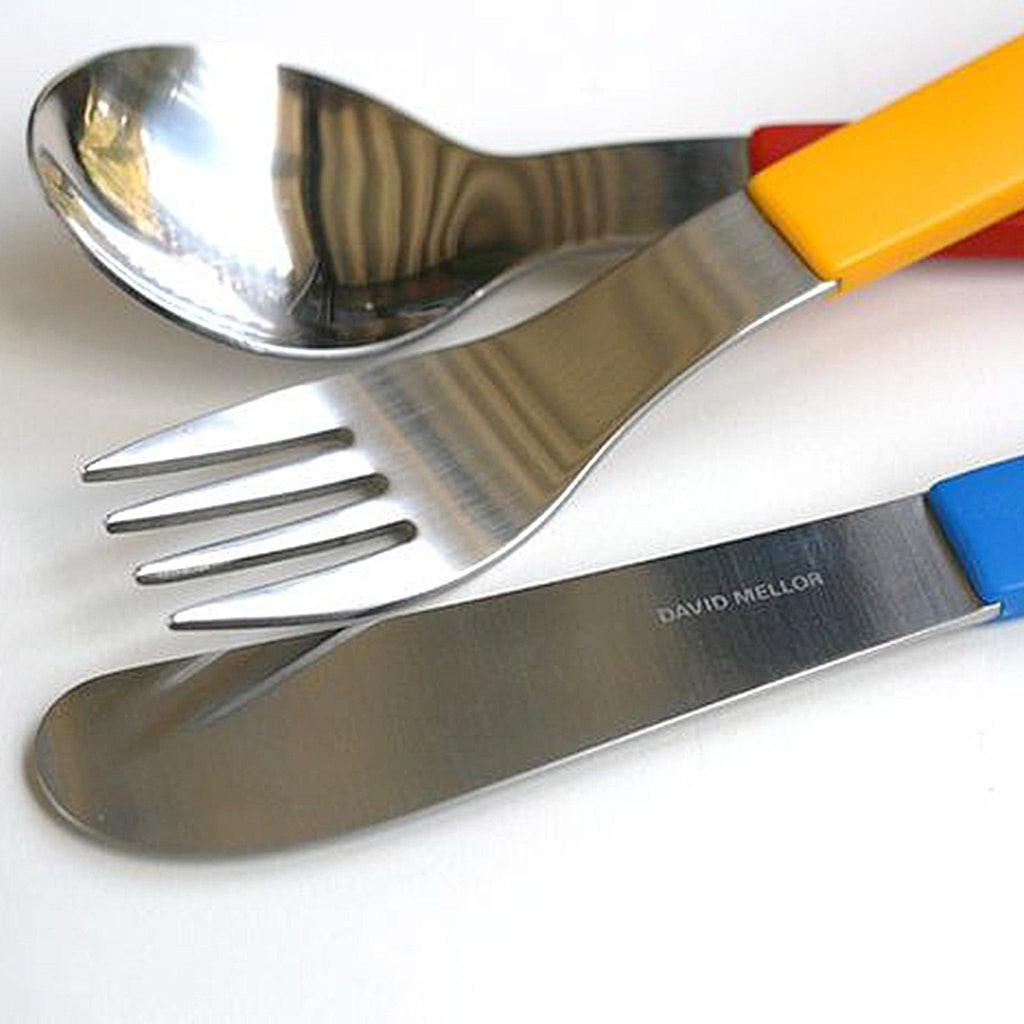 David Mellor child's cutlery set. PRODUCT CODE 2532865. The taper ground knife is gently rounded, the wide fork is good for scooping and there is a practical general purpose spoon. 
