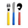 David Mellor child's cutlery set. PRODUCT CODE 2532865. Knife L:16.7cm, W:2.1cm; Fork L:15.6, W:2.4cm; Spoon L: 15.7cm, W: 3.7cm.