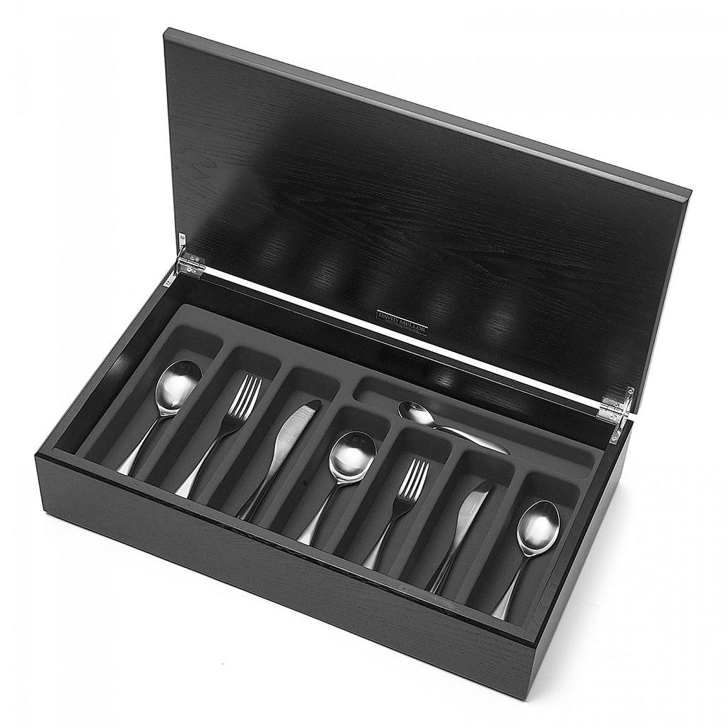 David Mellor Design City 58-piece cutlery canteen oak Handmade black stained oak canteen box containing:  8 table knives 8 dessert knives 8 table forks 8 dessert forks 8 soup spoons 8 dessert spoons 8 tea spoons 2 serving spoons PRODUCT CODE 4991032