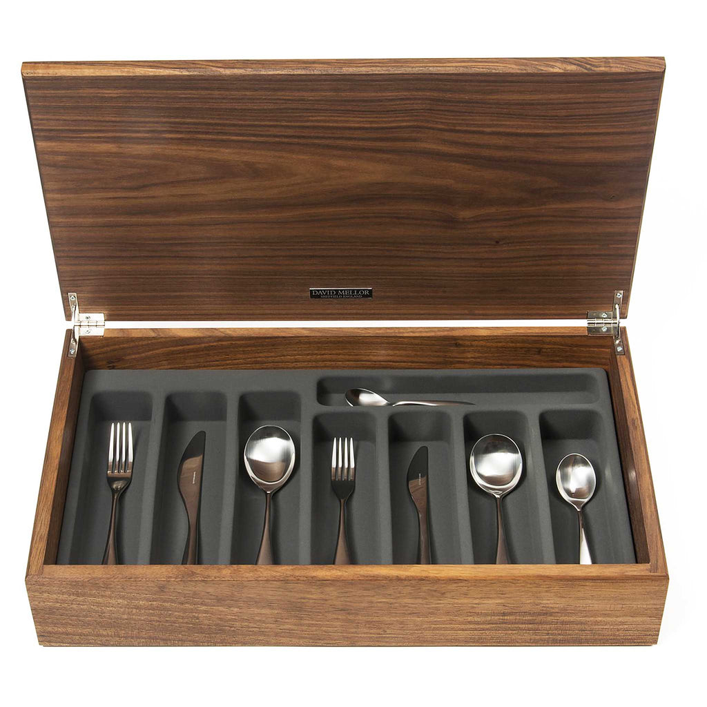 David Mellor Design City 44-piece cutlery canteen walnut Handmade walnut canteen box containing:  6 table knives 6 dessert knives 6 table forks 6 dessert forks 6 soup spoons 6 dessert spoons 6 tea spoons 2 serving spoons PRODUCT CODE 4991046