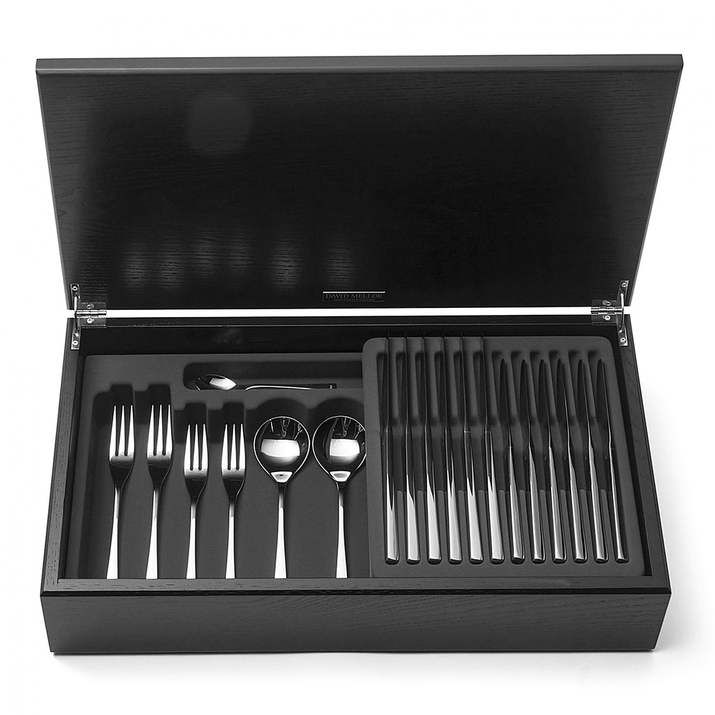 DAVID MELLOR CUTLERY Embassy 44-piece cutlery canteen oak PRODUCT CODE 4992724 Handmade black stained oak canteen box containing:  6 table knives 6 dessert knives 6 table forks 6 dessert forks 6 soup spoons 6 dessert spoons 6 tea spoons 2 serving spoons