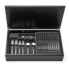Hoffmann 44-piece cutlery canteen oak. PRODUCT CODE 4991827. Handmade black stained oak canteen box containing:  6 table knives 6 dessert knives 6 table forks 6 dessert forks 6 soup spoons 6 dessert spoons 6 tea spoons 2 serving spoons. Satin finish.