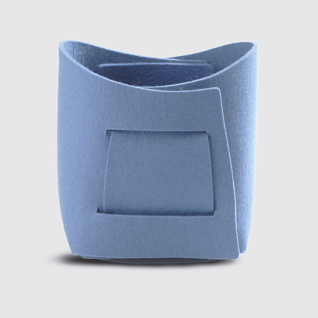 Kori Felt Basket by Kasper Nyman for Verso Design. VK1-13 in blue grey. 5.13" x 4" x 5.13" assembled; 0.3cm / 0.125" thick.