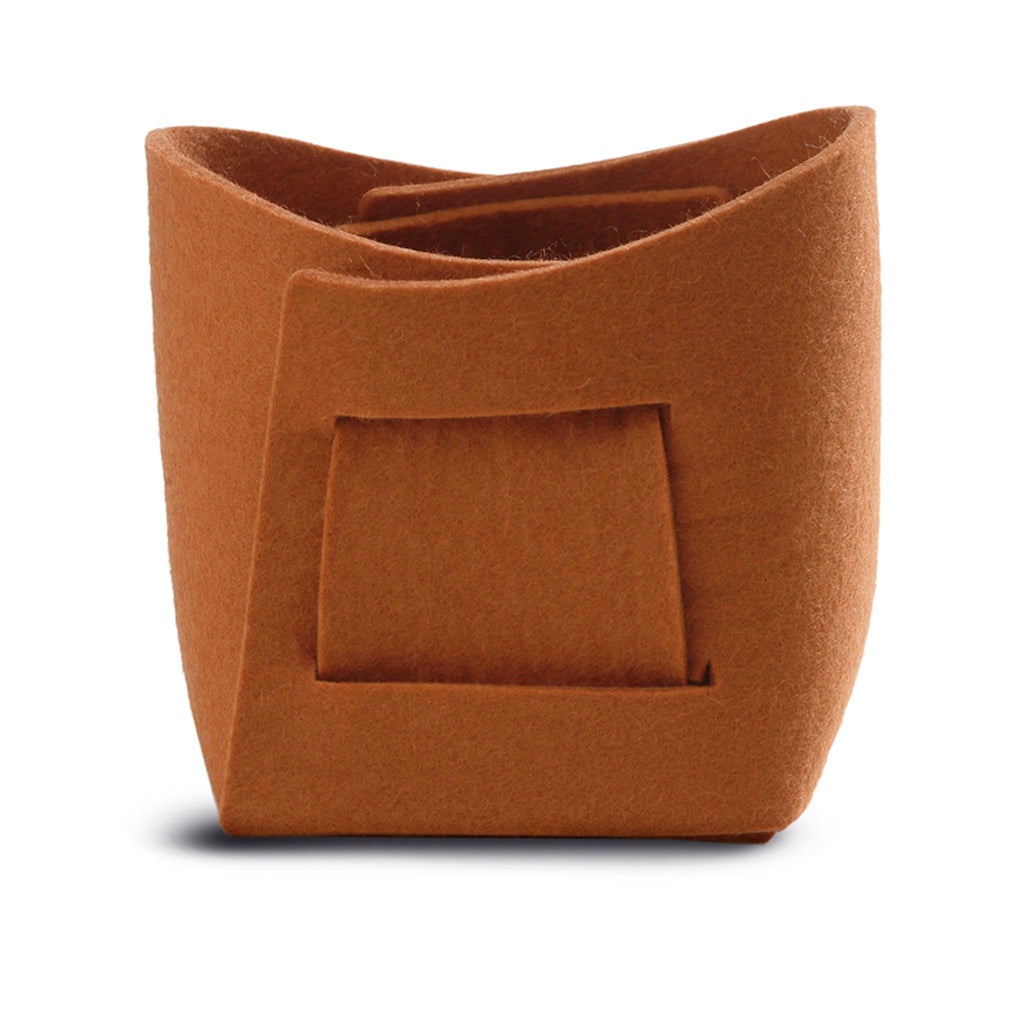 Kori Felt Basket by Kasper Nyman for Verso Design. VK2-04 in orange. 6.8" x 5.13" x 6.8" assembled; 0.3cm / 0.125" thickness.