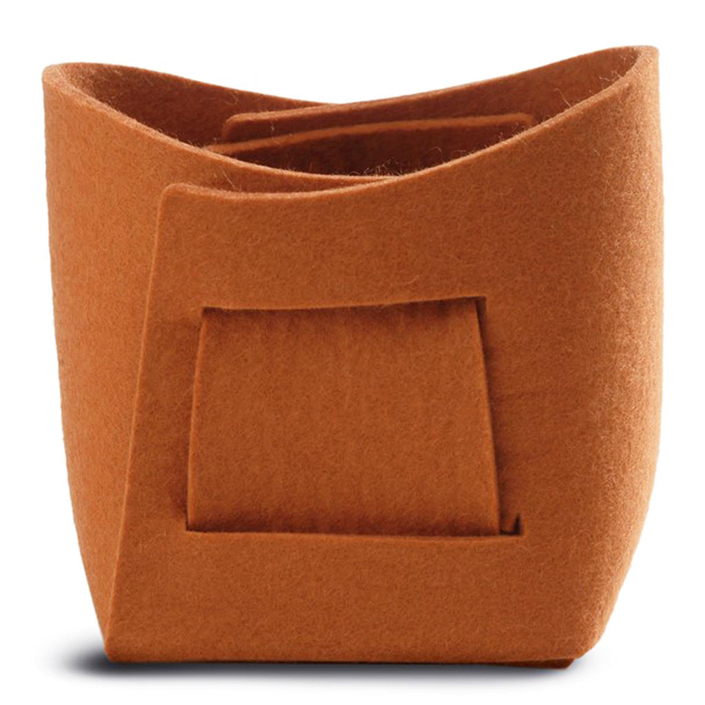 Kori Felt Basket by Kasper Nyman for Verso Design. VK3-04 in orange. 9.5" x 7.88" x 9.5" assembled; 0.3cm / 0.125" thickness.
