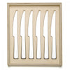 David Mellor London steak knife set. PRODUCT CODE 2518020. Length: 29cm Width: 25cm Depth: 2.5cm Material: Birch plywood, 18/10 stainless steel, martensitic steel. Handmade plywood box with sliding lid.  Contains 6 serrated 'London' knives, each in its individual slot.