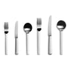DAVID MELLOR CUTLERY Odeon six-piece cutlery place setting. PRODUCT CODE 4991216. Stainless steel handle.  Comprising:  1 table knife 1 dessert knife 1 table fork 1 dessert fork 1 soup spoon 1 dessert spoon. Satin finish. A very glamorous and sophisticated pattern suitable for the most modern of interiors. Odeon, in top quality stainless steel with satin finish, has an inherent luxury.