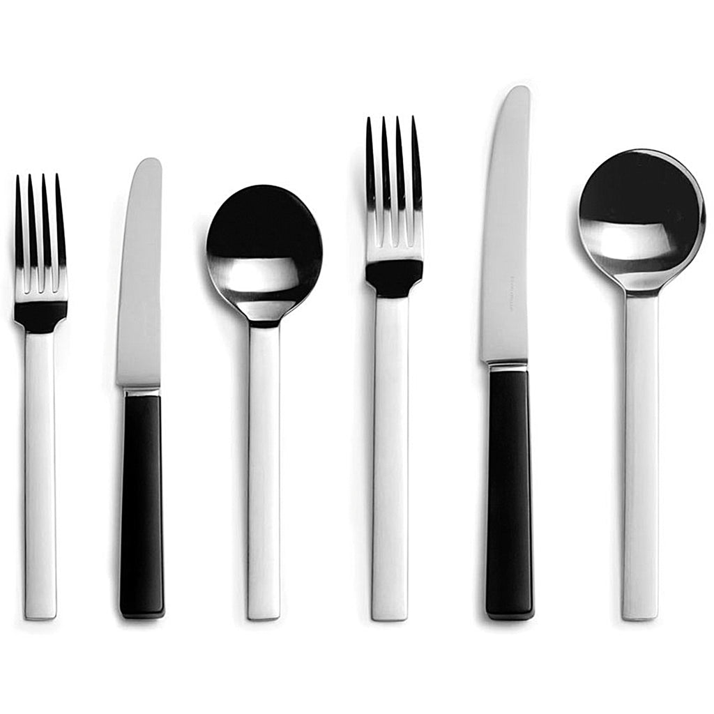 DAVID MELLOR CUTLERY Odeon black handled six-piece cutlery place setting. PRODUCT CODE 4993614. Black acetal resin handle.  Comprising:  1 table knife 1 dessert knife 1 table fork 1 dessert fork 1 soup spoon 1 dessert spoon.