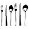 Pride black handled six-piece cutlery place setting. PRODUCT CODE 4993758. Black acetal resin knife handle.. Comprising:  1 table knife 1 dessert knife 1 table fork 1 dessert fork 1 soup spoon 1 dessert spoon.