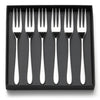 Pride stainless steel cake fork, box of 6. PRODUCT CODE 2522245. Each cake fork: Length: 17.3cm Width: 2.1cm Material: 18/10 stainless steel Dishwasher safe: Yes. Box dimensions: Height: 3cm Length: 18.5cm Width: 18.5cm.