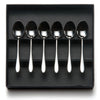 Pride stainless steel coffee spoons, box of 6. PRODUCT CODE 2522205. Each spoon: Length: 11.5cm Width: 2.5cm Material: 18/10 stainless steel. Box dimensions: Length: 18cm Width: 18cm.