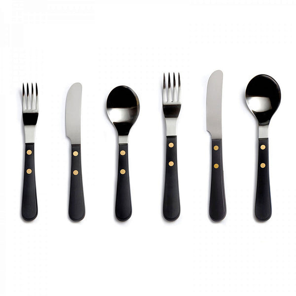 DAVID MELLOR CUTLERY Provençal black six-piece cutlery place setting PRODUCT CODE 4992619 1 table knife 1 dessert knife 1 table fork 1 dessert fork 1 soup spoon 1 dessert spoon
