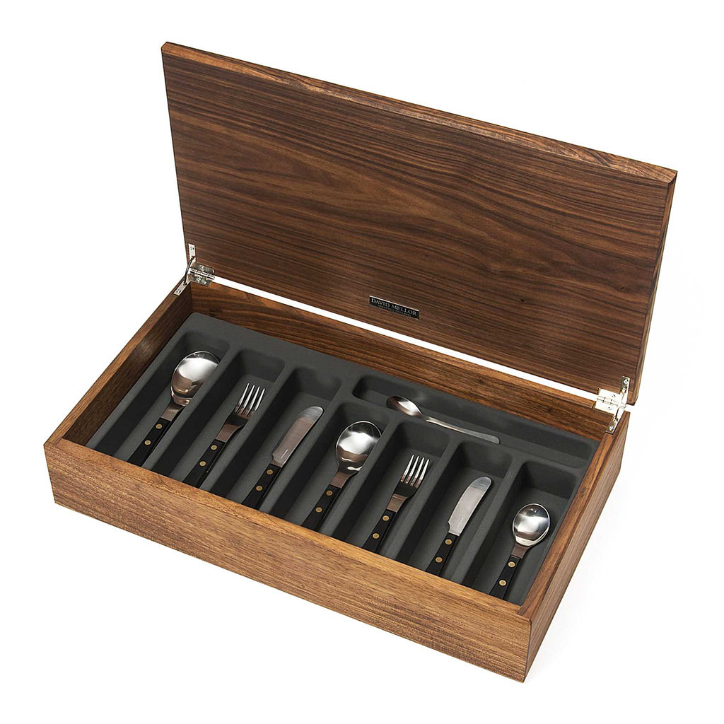 DAVID MELLOR CUTLERY Provençal black 58-piece cutlery canteen walnut. Handmade walnut canteen box containing:  8 table knives 8 dessert knives 8 table forks 8 dessert forks 8 soup spoons 8 dessert spoons 8 tea spoons 2 serving spoons. PRODUCT CODE 4992654.