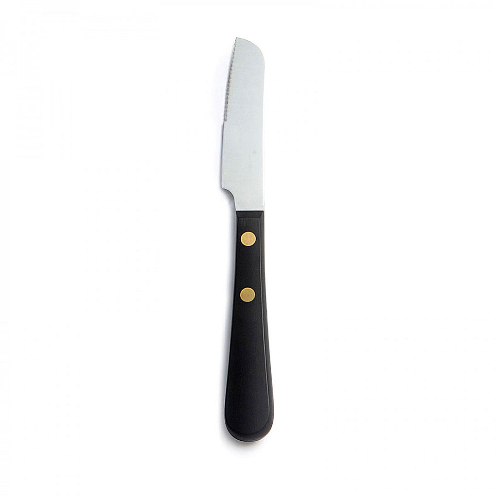 DAVID MELLOR CUTLERY Provençal black fruit knife. Length: 18.4cm Width: 2.1cm Material: Martensitic steel, acetal resin, brass Dishwasher safe: Yes. PRODUCT CODE 2531915.