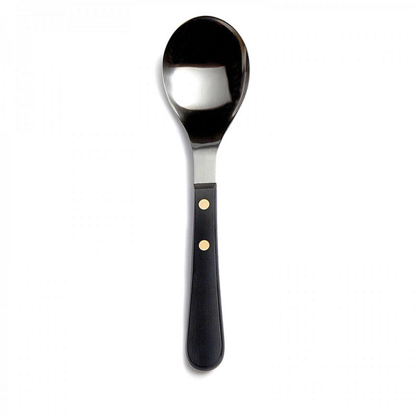 DAVID MELLOR CUTLERY Provençal black serving spoon Provençal black serving spoon Length: 21.8cm Width: 5.5cm Material: 18/10 stainless steel, acetal resin, brass Dishwasher safe: Yes. PRODUCT CODE 2531998.