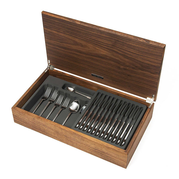 Hoffmann 58-piece cutlery canteen walnut. PRODUCT CODE 4991851. Handmade walnut canteen box containing:  8 table knives 8 dessert knives 8 table forks 8 dessert forks 8 soup spoons 8 dessert spoons 8 tea spoons 2 serving spoons. Satin finish. 