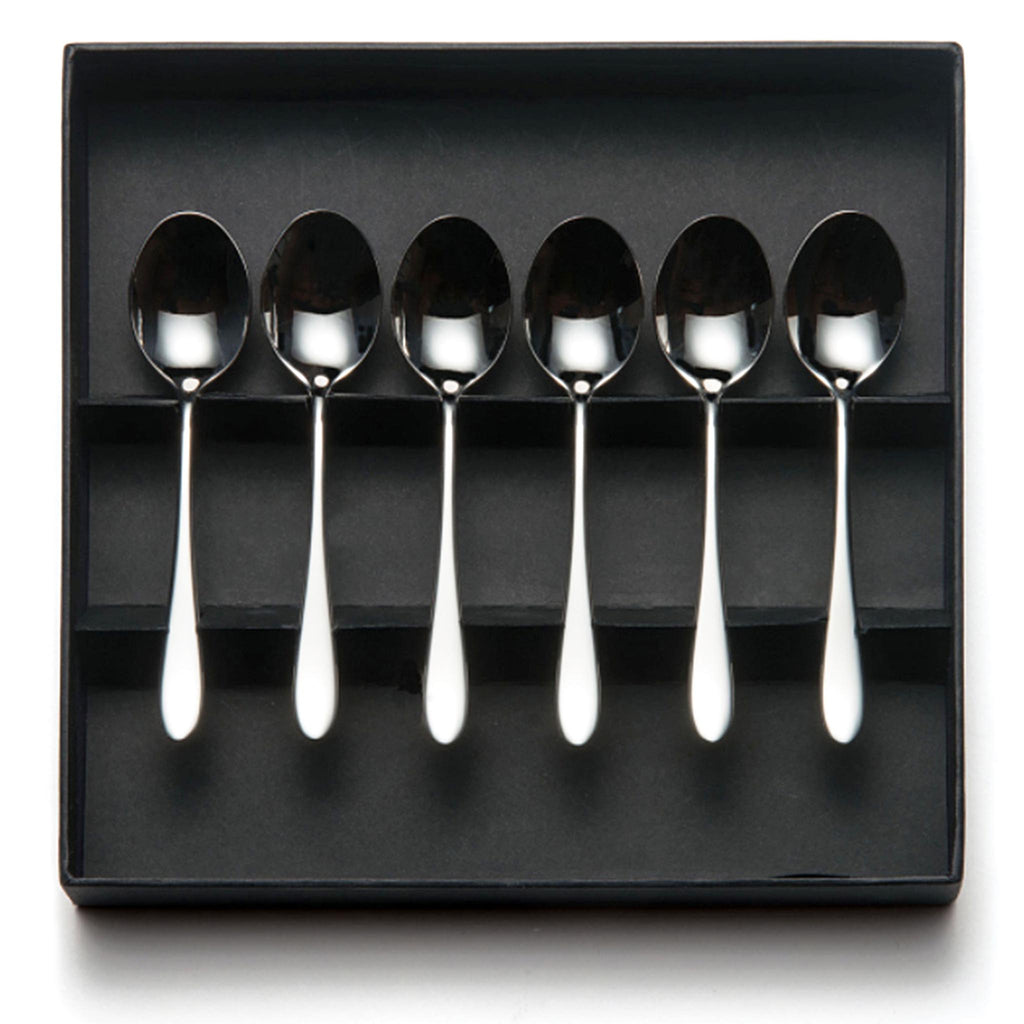 Pride silver plate coffee spoons, box of 6. PRODUCT CODE 2502060. Each spoon: Length: 11.5cm Width: 2.5cm Material: 18/10 stainless steel. Box dimensions: Length: 18cm Width: 18cm.
