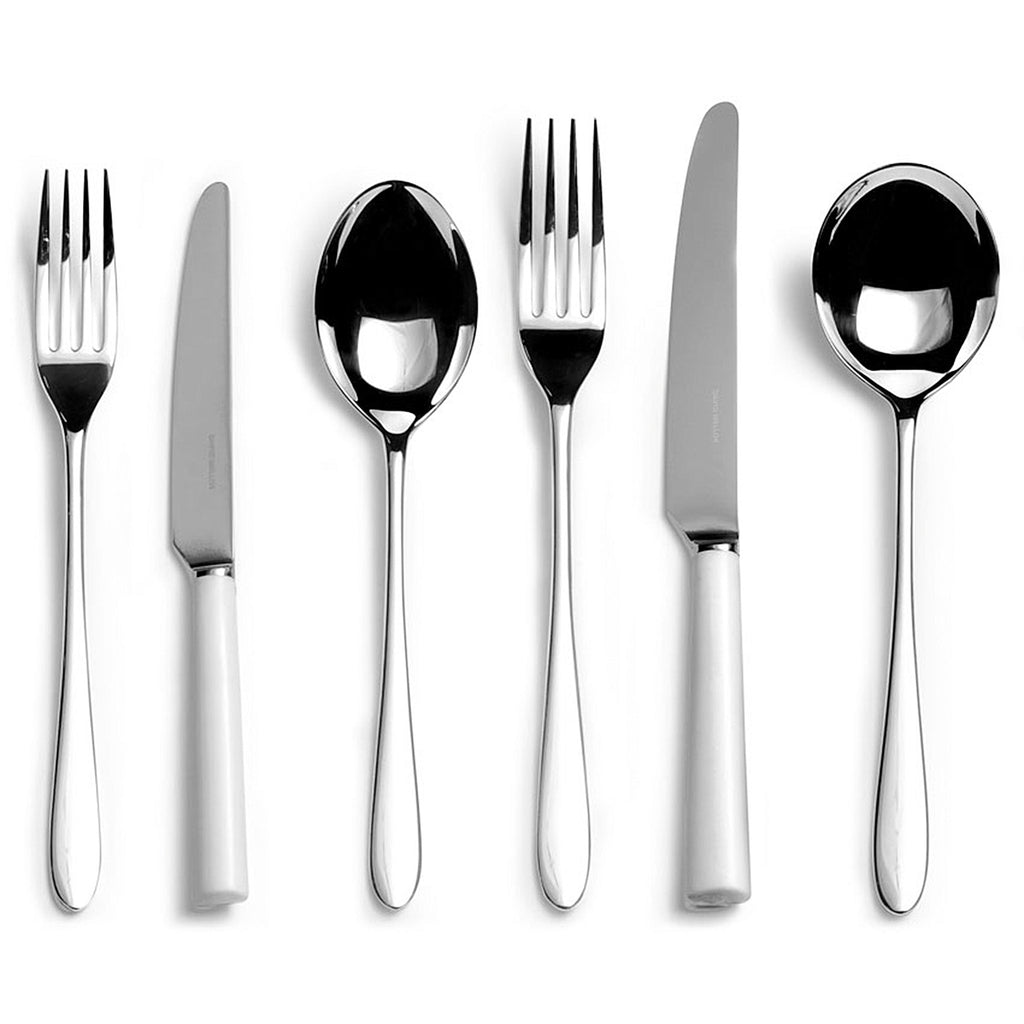 Pride ivory handled six-piece cutlery place setting. PRODUCT CODE 4993733. Ivory acetal resin knife handle. Comprising:  1 table knife 1 dessert knife 1 table fork 1 dessert fork 1 soup spoon 1 dessert spoon.