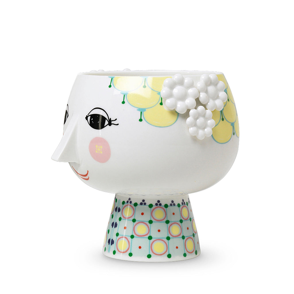 Bjørn Wiinblad Eva Flowerpot 56512. Series: Eva Color: White with decoration Material: Porcelain Height: 5.7" Diameter: 6.1" Note: Dish-washer safe.